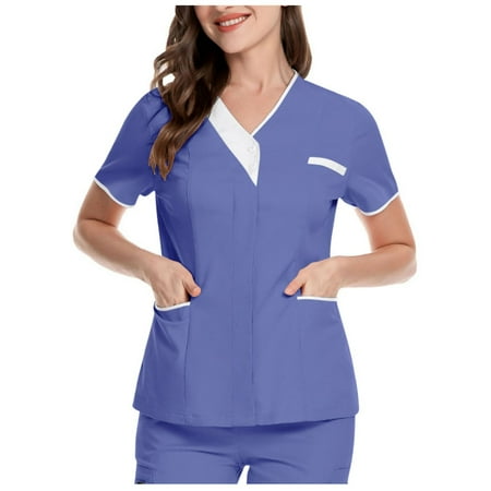 

Sksloeg Scrub Tops Women Stretchy Clearance Slim V-Neck Scrub Button Top Skinny Cargo Scrub Tops Short Sleeve Classic Fit Workwear Purple S