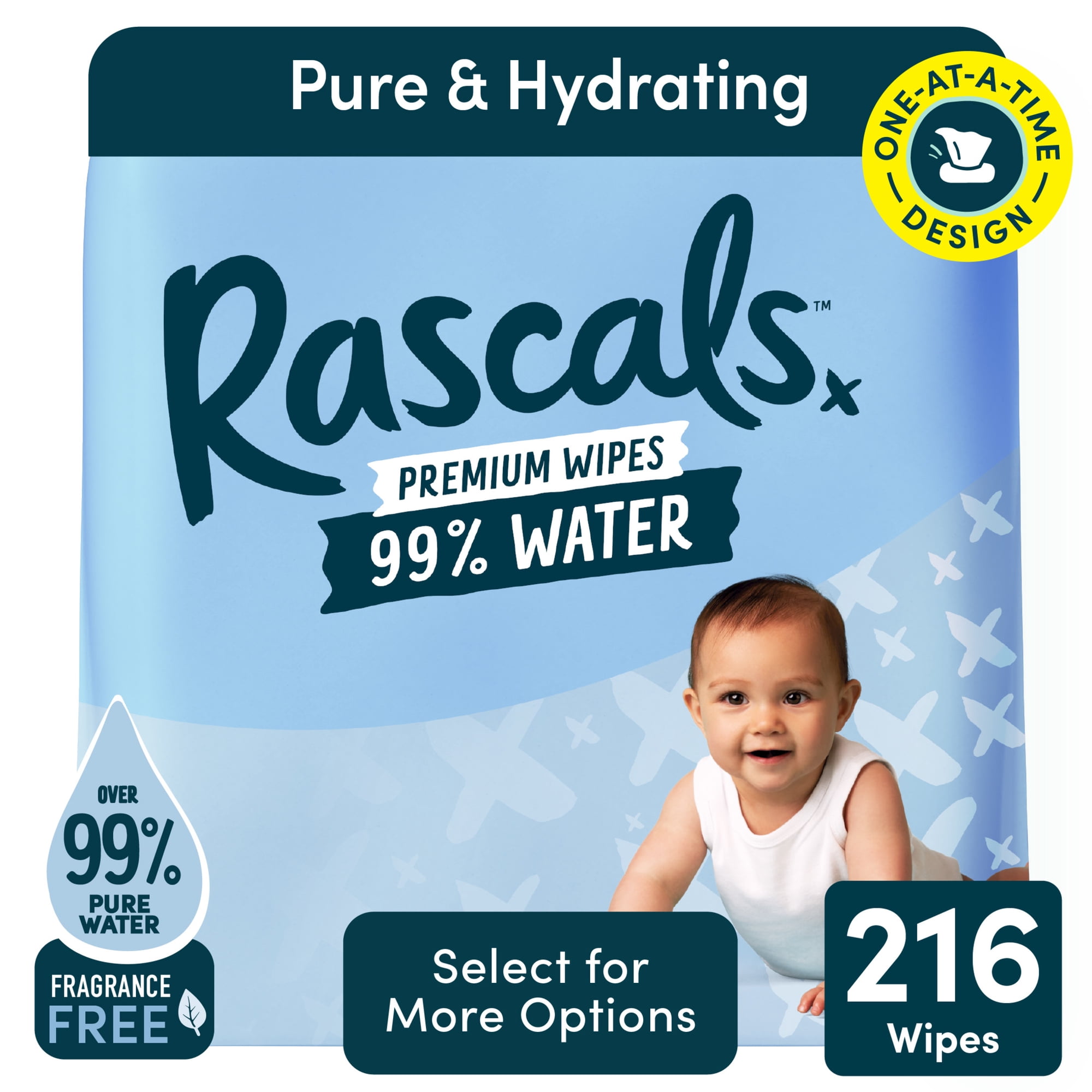 Rascals 99% Water Premium Fragrance Free Baby Wipes, 216 Count