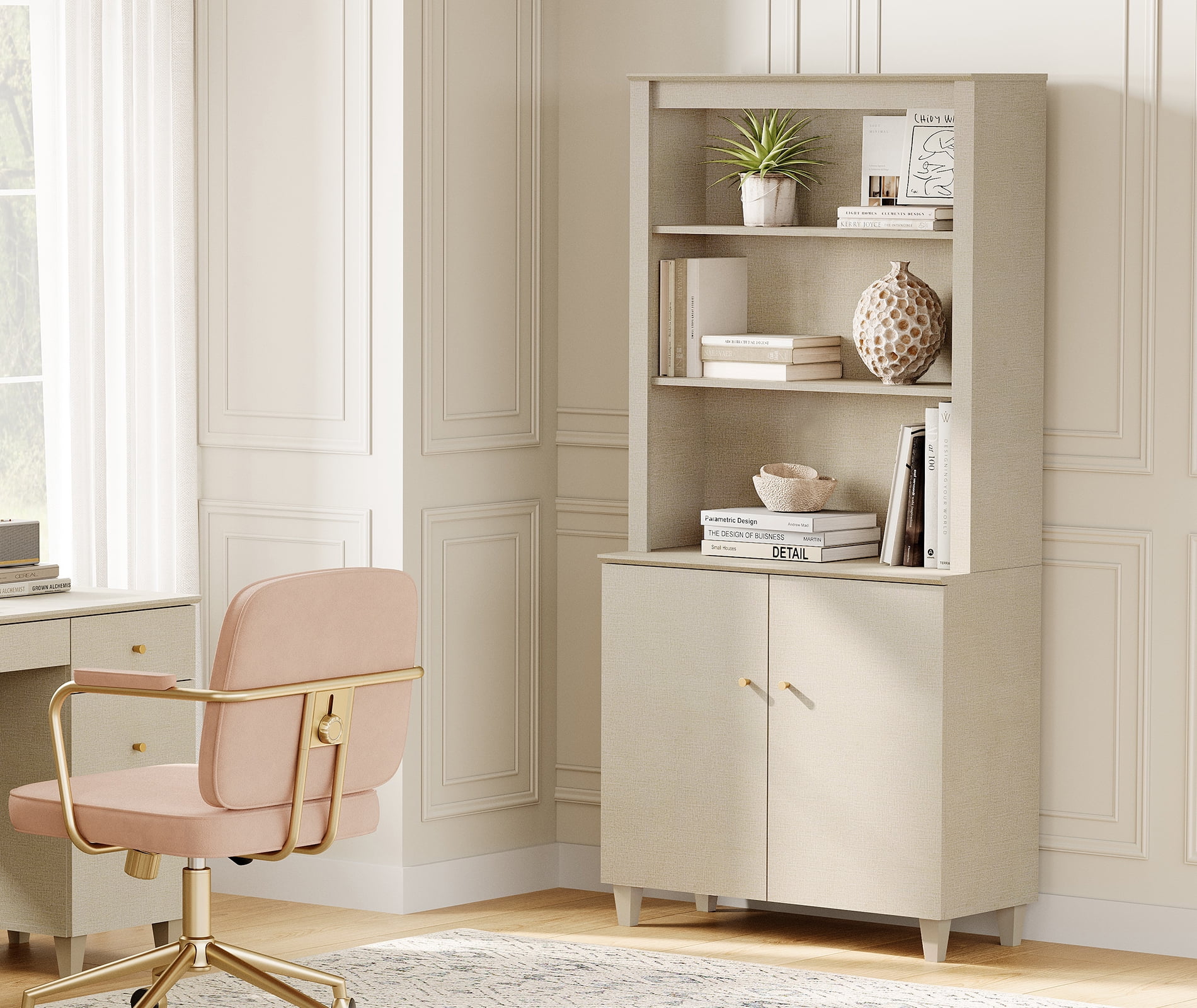 Modern 71" Tall Bookcase with Doors & Storage Cabinet for Home Office,Beige Linen Printed