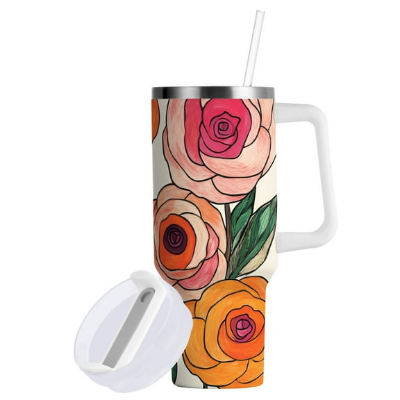 Yayeee 40oz Double-Wall Insulated Stainless Steel Tumbler with Handle Bottle, Hand Drawn Floral
