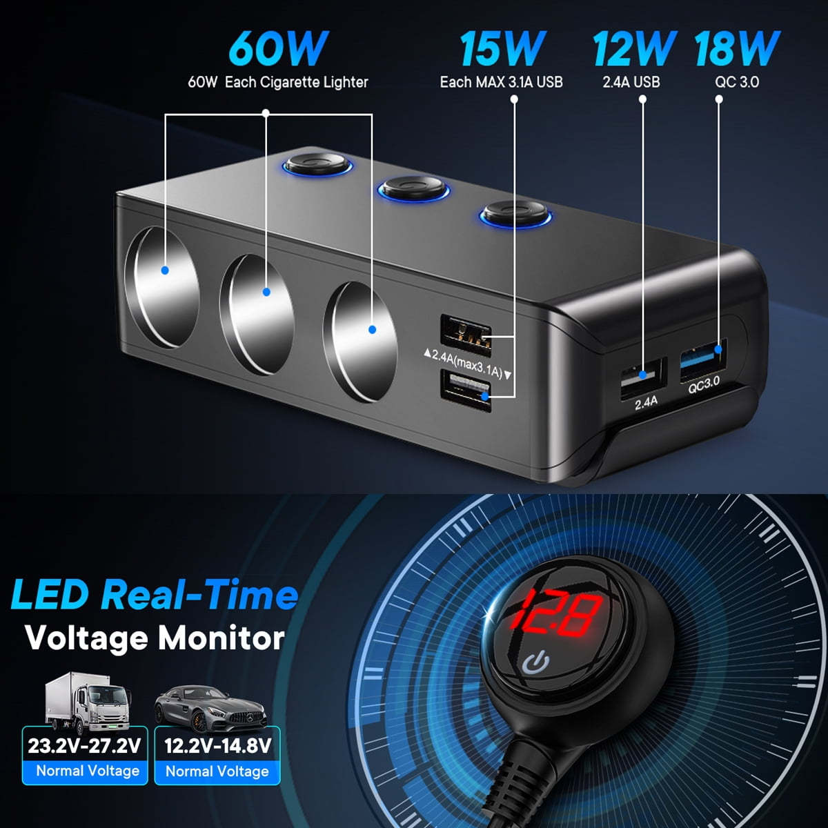 Car charger,fast charging, including 4 USB ports + 3 cigarette lighter ports, suitable for mobile phones, tablets and other electronic devices