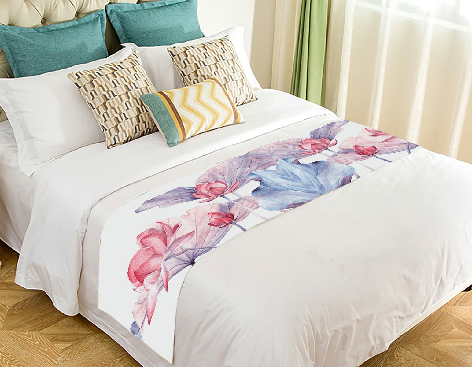 ECZJNT botanical Lotus flower pink Bed Runner Bed Scarf Bed Decor 20x95