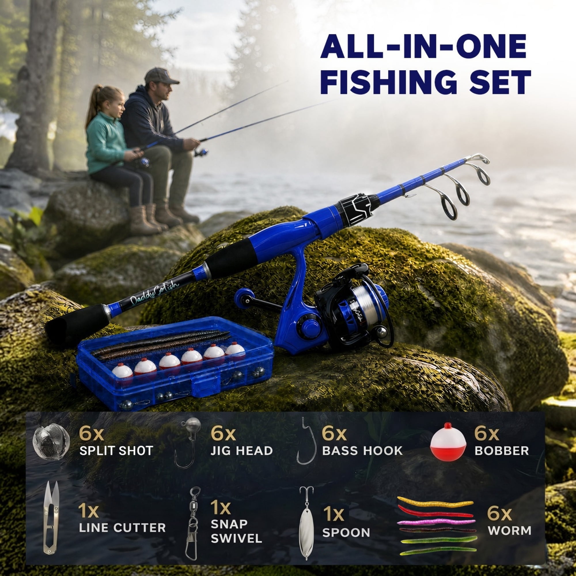 DaddyGoFish Spinning Fishing Rod and Reel Combo Set with Tackle Box | Fishing Pole | Carbon Fiber Telescopic Fishing Rod Kit | Spinning Reel for Travel Saltwater Freshwater Fishing Gear Kit