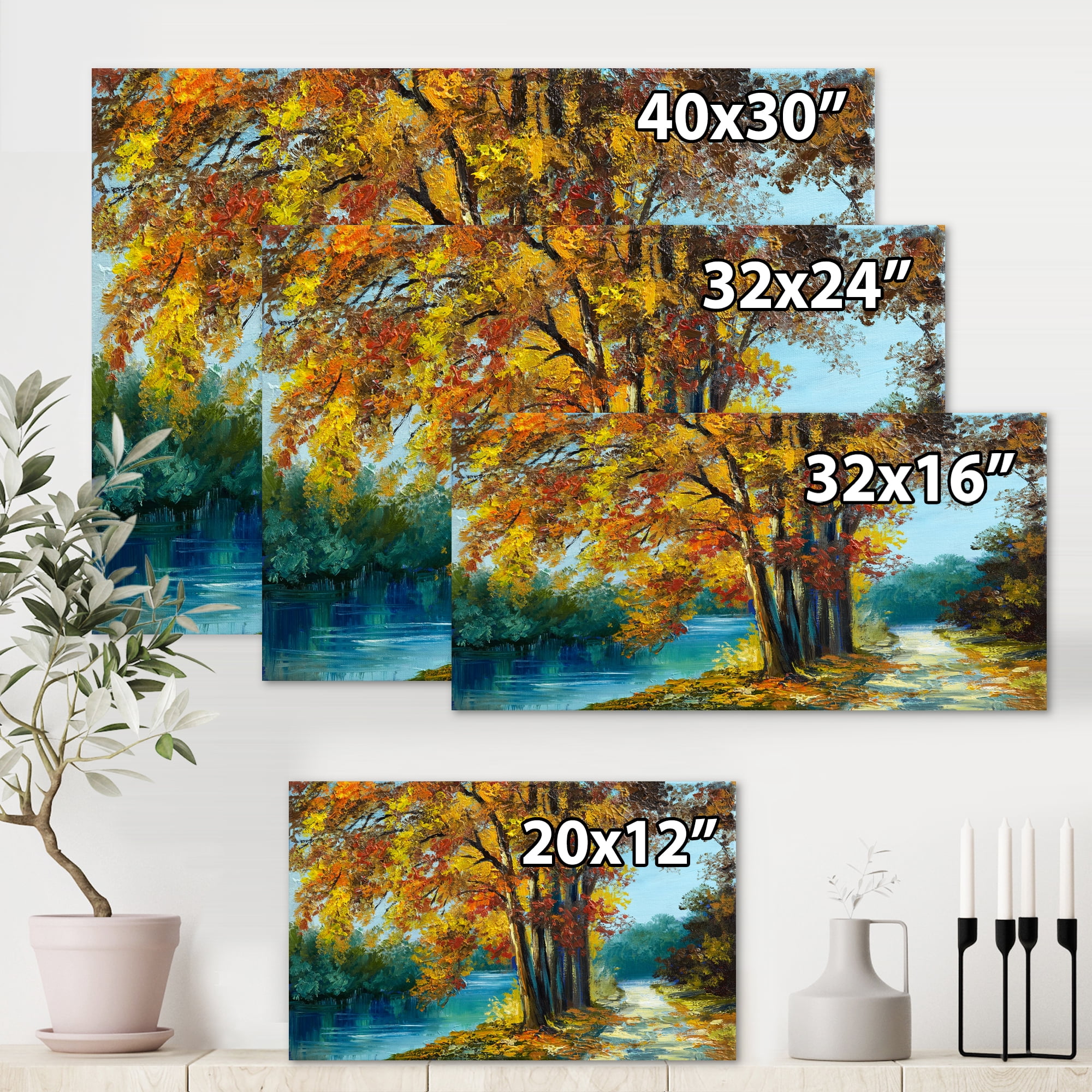 Designart ' Abstract Trees In Warm Autumn Colors By Bright Blue River ' Traditional Canvas Wall Art Print