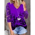 thumbnail image 2 of Camiseta De Encaje En Contraste Con Estampado Floral, Camiseta De Media Manga Con Cuello En V, Camisetas Casuales Para Todos Los Días, Ropa De Mujer, 2 of 4