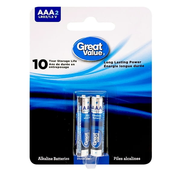 Great Value AAA LRO3/1.5 V Alkaline Batteries 2-Pack, 10-year storage life, Long lasting power guarantee