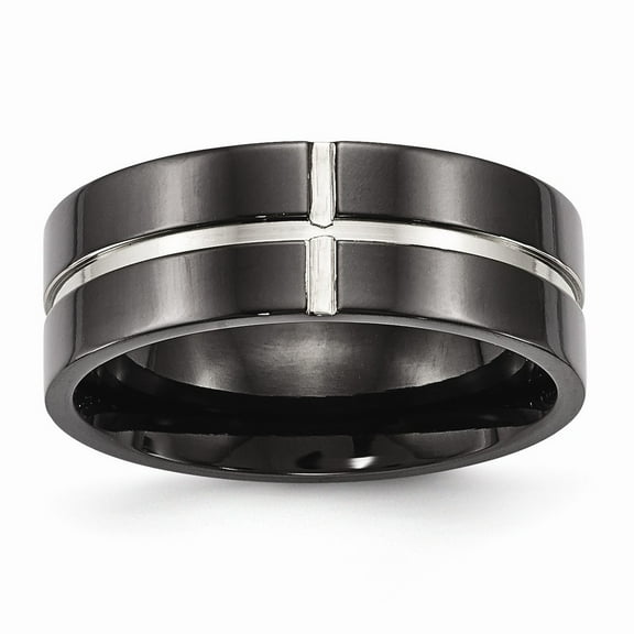 Titanium Polished Black IP Grooved Comfort Back Ring Size: 8; for Adults and Teens; for Women and Men