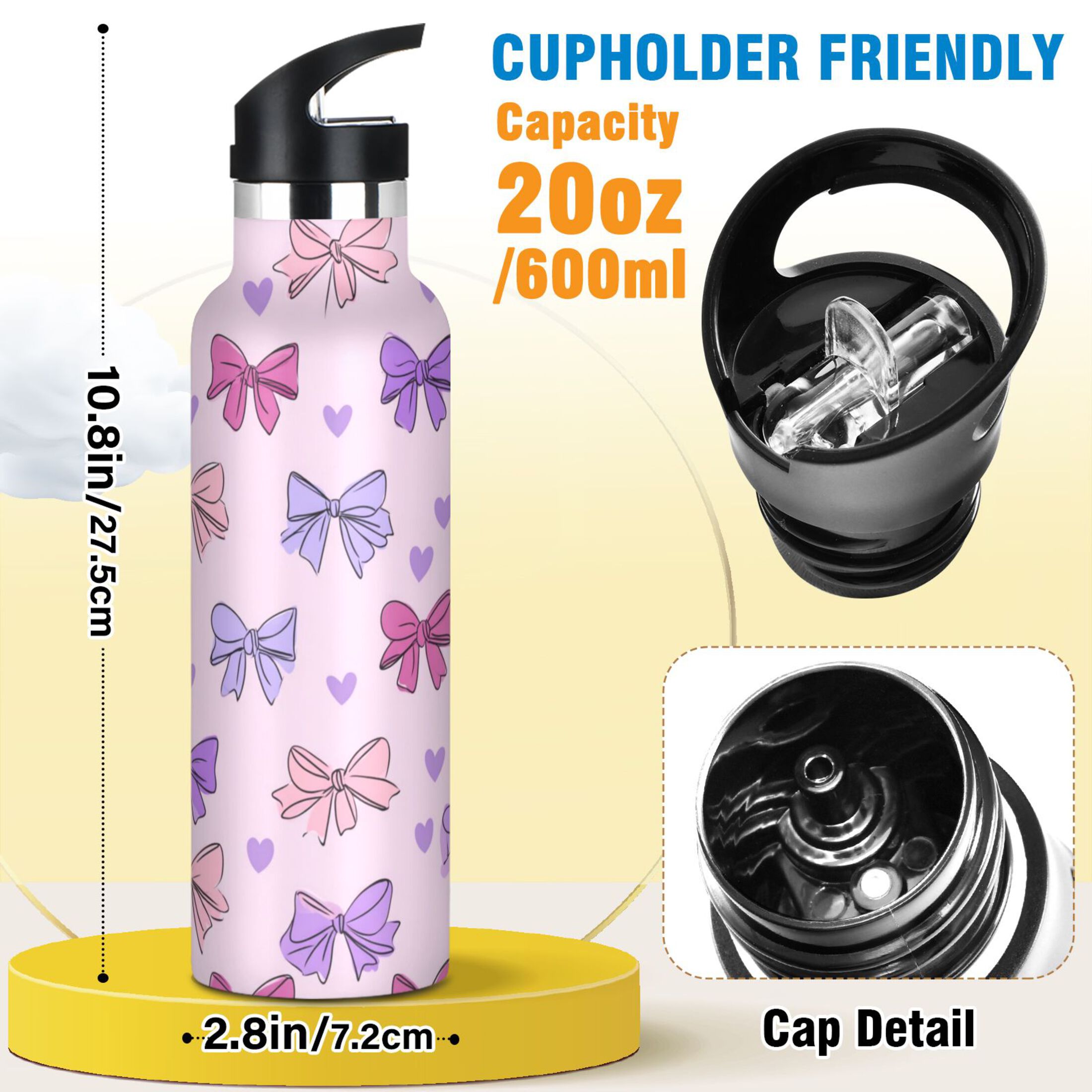 Kids Insulated Stainless Steel Sports Water Bottle 600ml (20oz) Bows and Heart Pattern