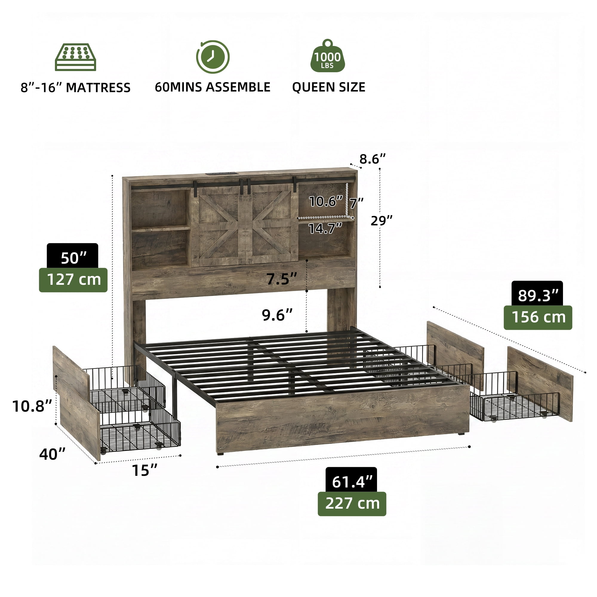 Uforic Queen Size Farmhouse Platform Bed Frame with Sliding Barn Door, 4 Wheeled Underbed Storage Drawers, No Box Spring Required, Antique Grey