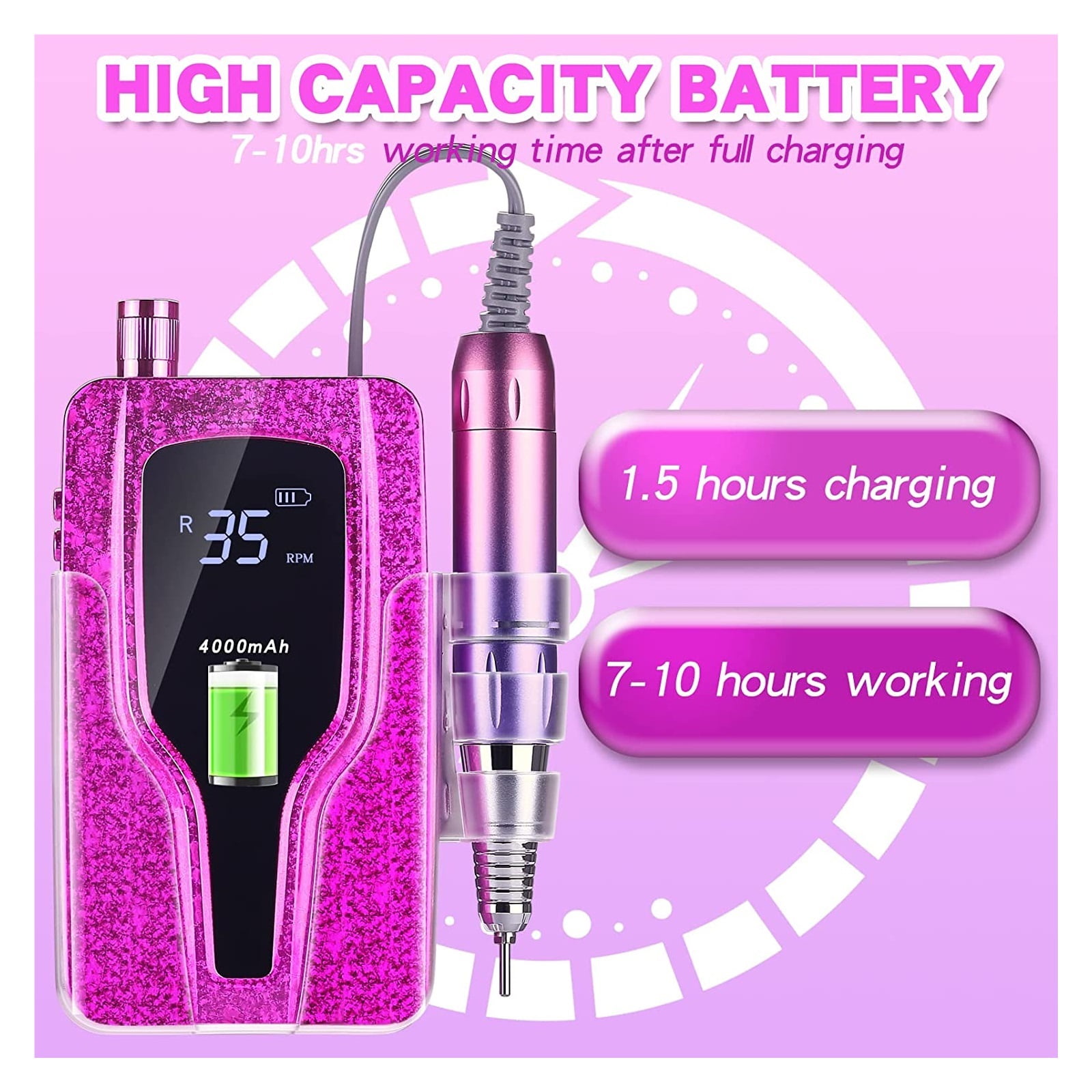 35000RPM Nail Drill Manicure Machine Rechargeable Powerful Electric Nail File Professional Nail Motor For Polish Arcylic Gel ,Lightweight and Portable