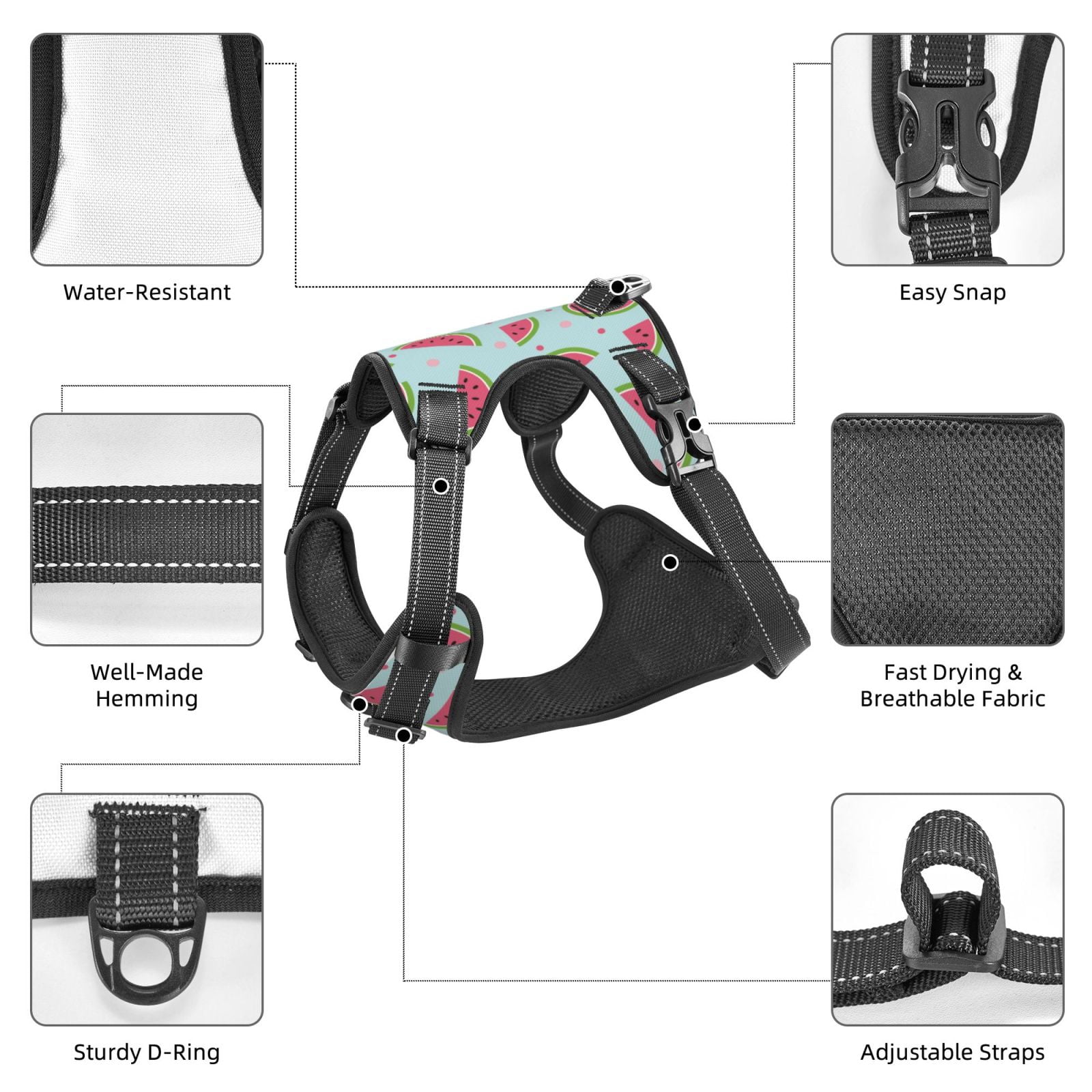 Fuzoiu Watermelon Print Reflective Dog Harness,Adjustable, Breathable Pet Vest,Dog Harness No Pull,No Choke Pet Vest for Small, Medium, and Large Dogs-Small