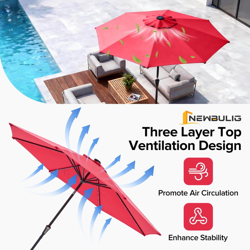 Gianna 10 ft Patio Umbrella for Table, Outdoor Sun Umbrella with 32 LED Solar Lights, Red