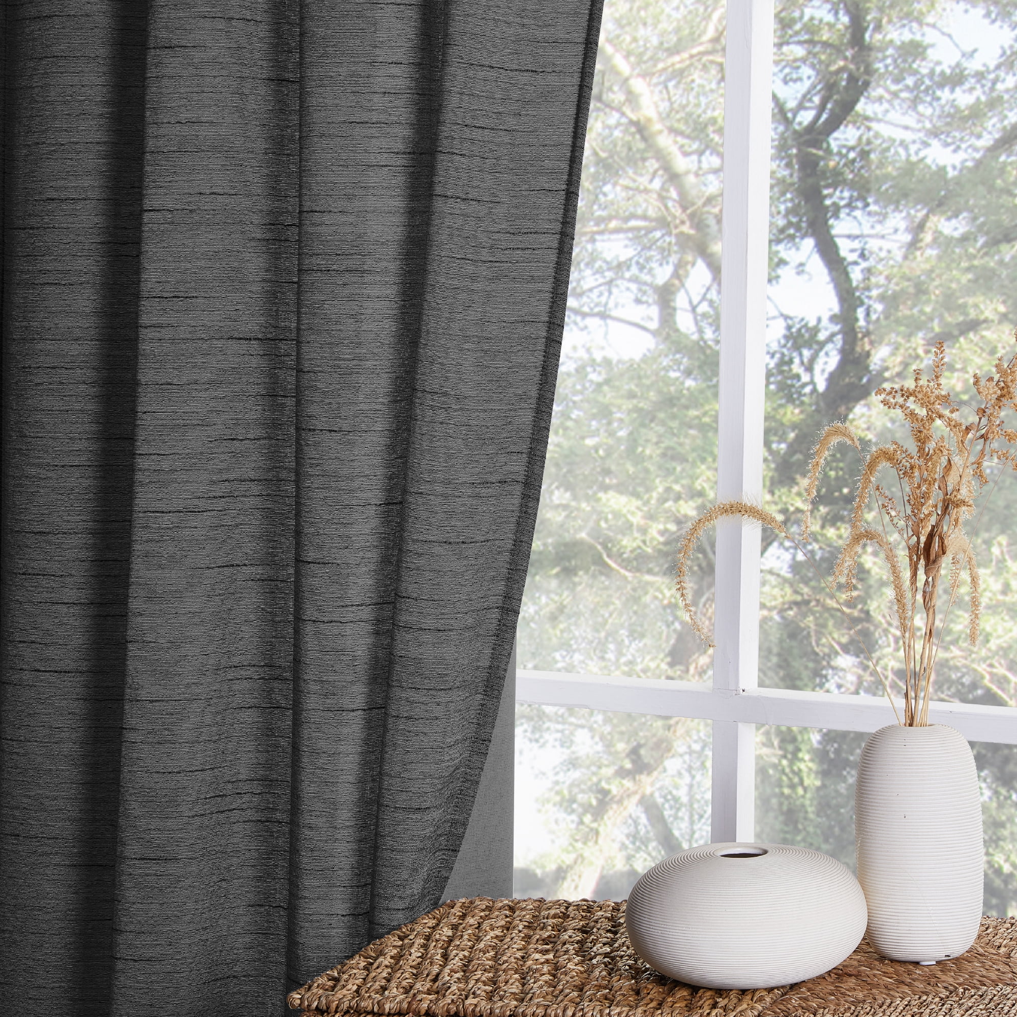 Mainstays Como Textured Light Filtering Curtain Panel Pair, Set of 2, Black, 37” W x 63” L