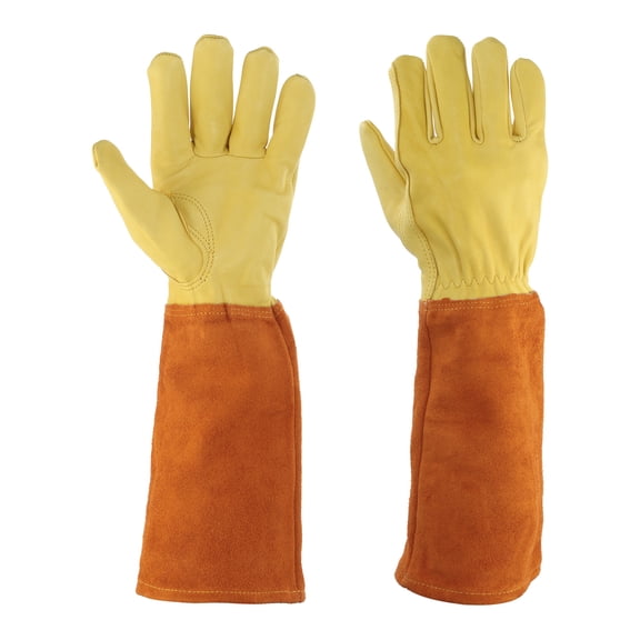 Uxcell Leather Gardening Gloves for Women and Men, Thorn Proof Rose Garden Glove Long Sleeve, Yellow-Brown-L