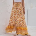 thumbnail image 2 of Defitshape Women's Boho Floral Print Skirt Summer Maxi Full Length Slits Elastic Waist Swing Flowy Pleated Drawstring Bohemian Patterned Blossom Yellow XX-Large, 2 of 5