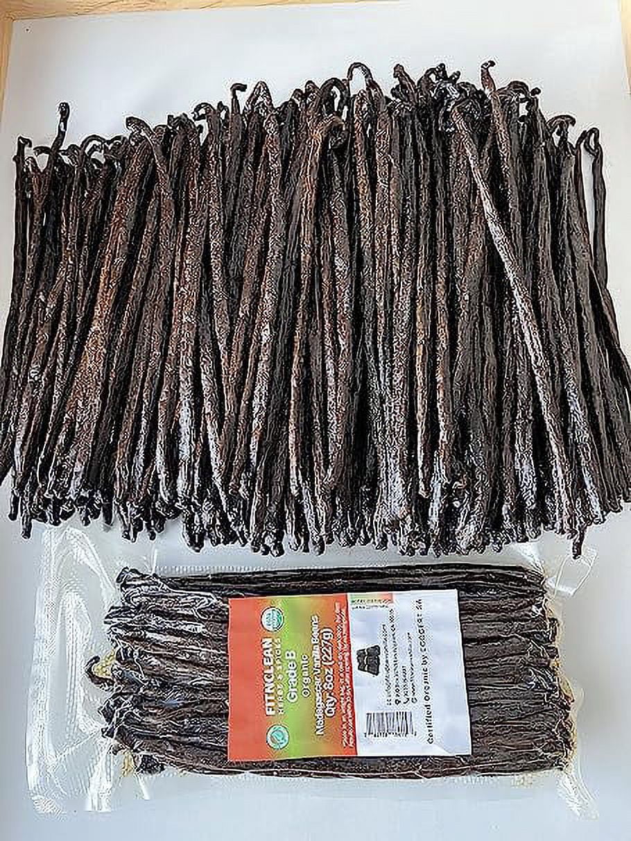 8oz Madagascar Organic Vanilla Beans Grade B for Extract. 6"-7" by FITNCLEAN VANILLA for Paste and Baking (1/2 Lb) Whole NON-GMO Pods. Certified USDA Organic