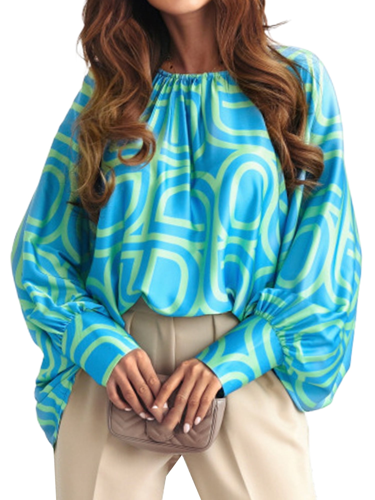 Lumento Women Baggy Summer Tshirt Boho Geometric Print Tunic Blouse