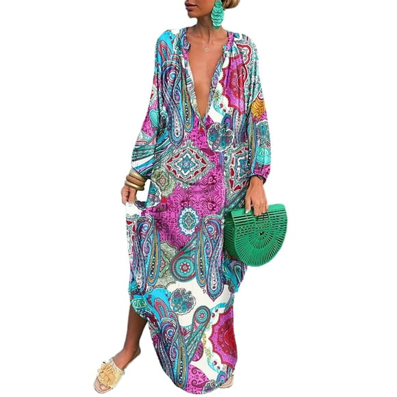 Fashnice Women Maxi Dresses V Neck Dress Long Sleeve Loose Autumn Rose Red M