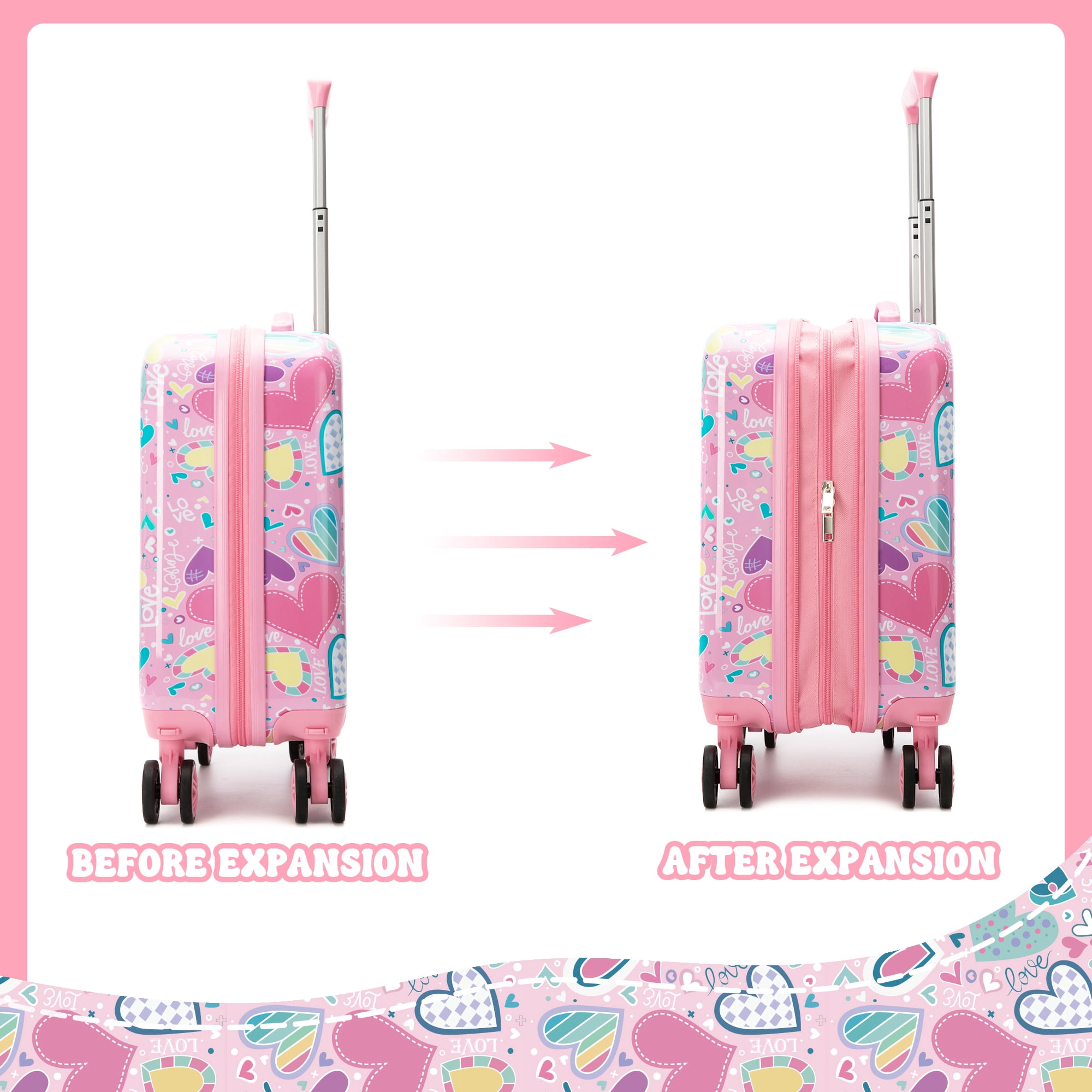 Kids Carry on Luggage Sets for Girls with Travel Pillow, Rolling Pink Suitcase with Wheels for Kids Travel Essentials Airline Approved 16 Inch