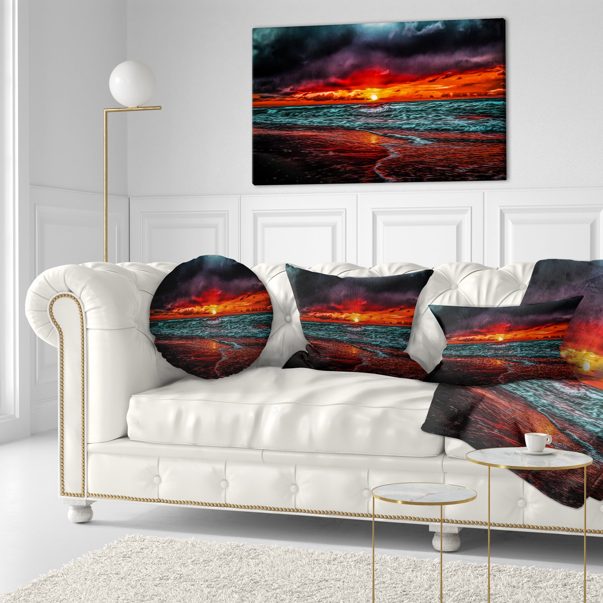 Designart Red Sunset over Blue Waters - Seascape Throw Pillow - 12x20