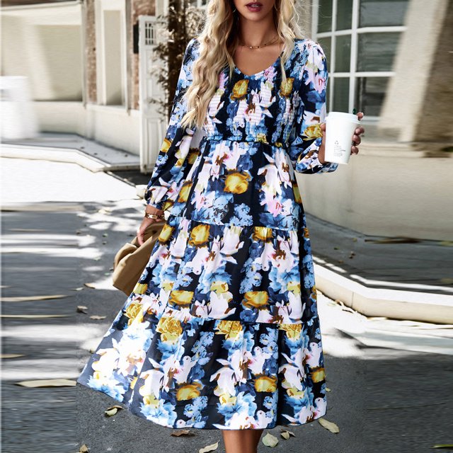 Vestido Vestido midi de corte A para mujer, vestido elegante con estampado escalonado, vestido elegante para ir al trabajo Cgtredaw Azul T XL para Mujer