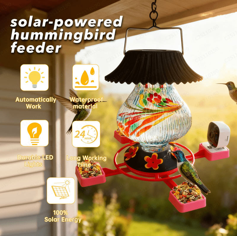 Hummingbird Feeder with Camera Solar Powered 1080P-, Automatically Identifies Species of Bird, Auto Recording, Leak-Proof Ant & Bee Proof Outdoor Hanging Feeder, for Bird Lovers