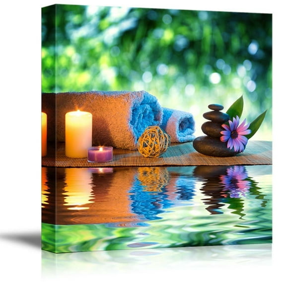 Canvas Prints Wall Art - Two Candles and Towels with Black Zen Stones and Purple Daisy on Water Spa/Meditation Concept | Modern Wall Decor - 12" x 12"