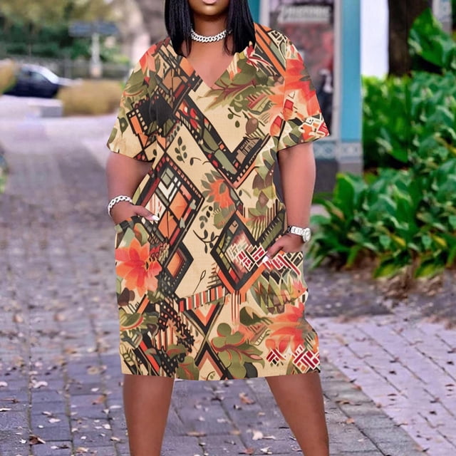 Amzcrzy Robes pour Femmes Robes Grande Taille pour Femmes aux Courbes Robes pour Femmes Robe Ample Imprimée Décontractée à Manches Courtes à Col en V Longueur Genou Robe Midi pour Femmes
