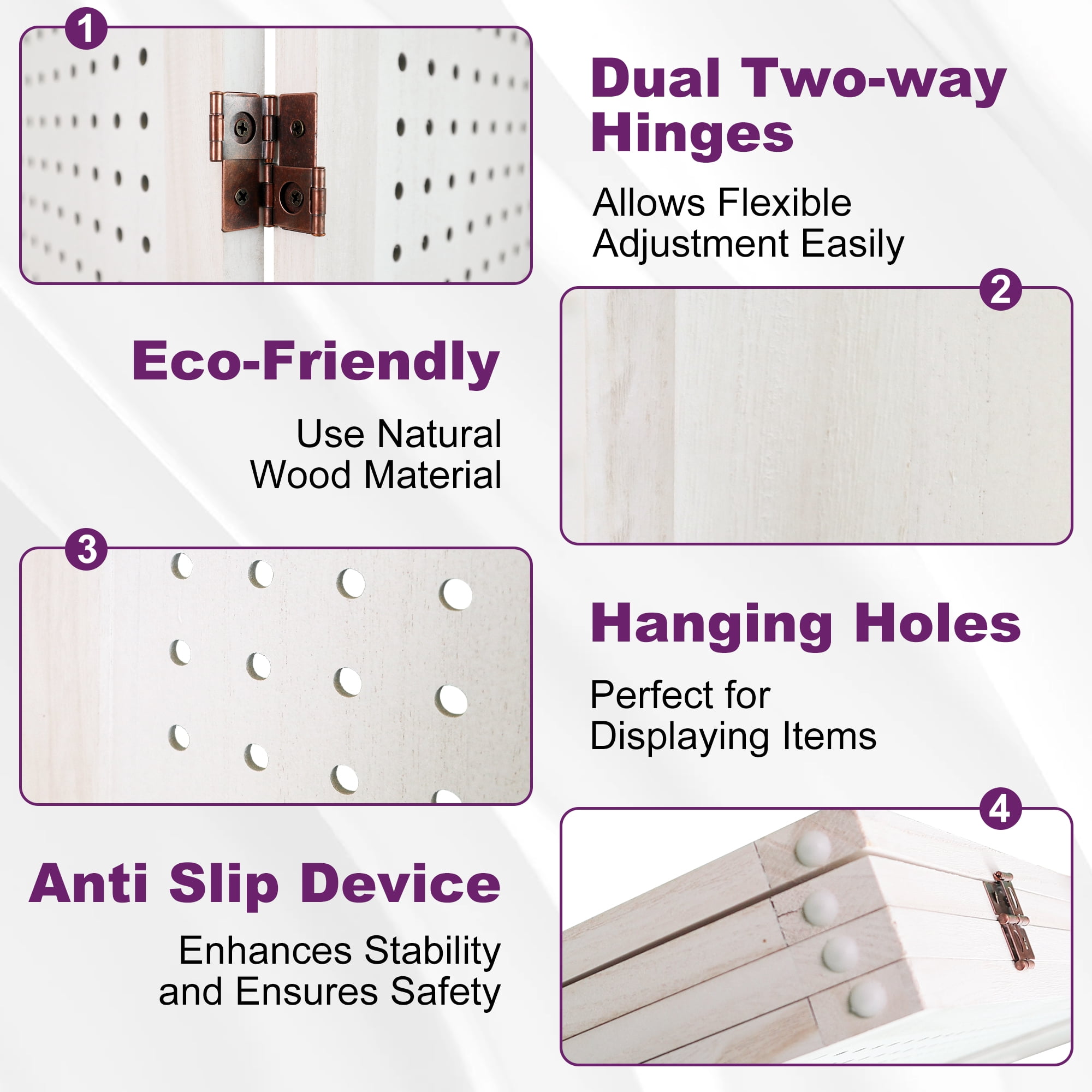 MAYEERTY 8 Panel Wood Pegboard Room Divider, Folding Privacy Screen with Hanging Storage for Bedroom & Office, 67" White