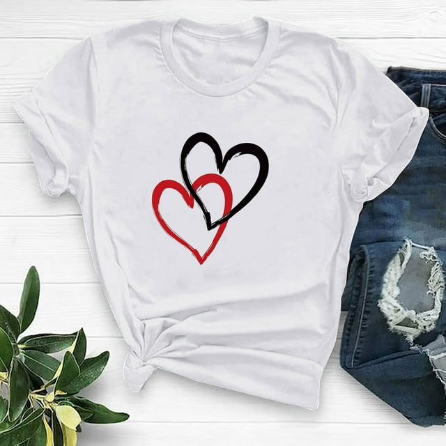 QIPOPIQ T-Shirts Graphiques pour Femmes Saint-Valentin Manches Courtes Chemises Imprimées Cœur Blouse Tops Liquidation