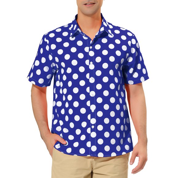 Lars Amadeus Men's Summer Polka Dots Shirt Button Down Short Sleeves Pattern Shirts XL Dark Blue