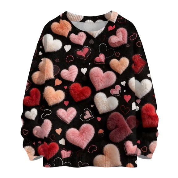 Nokdvo Sweatshirts Women Plus Size Valentine's Day Heart Print Crewneck Shirt Fall Winter Casual Knitted Loose Pullover Sweaters,Black M