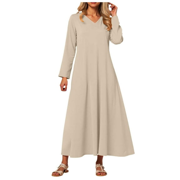 zaveiop Women's Long Sleeve V-Neck Loose Plain Maxi Dresses Casual Long Dresses with Pockets (Beige, XL)