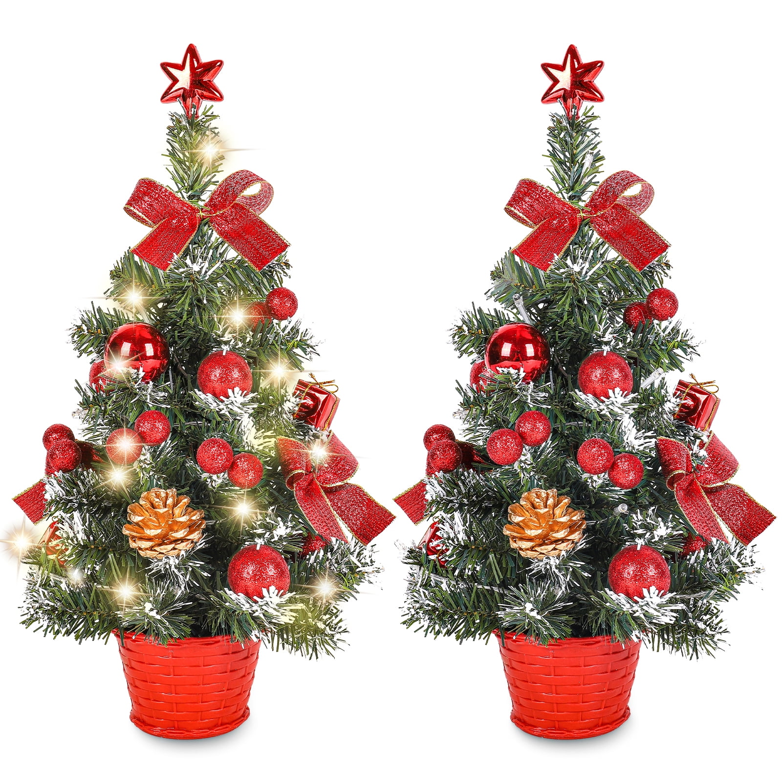 Tabletop Christmas Tree 18 Inch Mini Artificial Christmas Tree with LED String Lights, Small Xmas Tree with Base for Xmas Holiday Decorations Indoor Home Kitchen Dining Table