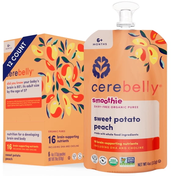 (12 pack) Cerebelly Organic Stage 2 Sweet Potato Peach Smoothie Baby Food, 4 oz Pouch