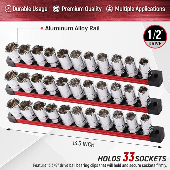 GHRTGR-3-Piece Magnetic Socket Organizer, Heavy Duty Aluminum Socket Rails Organizer with 33 Stainless Clips (1/2-Inch) - Red