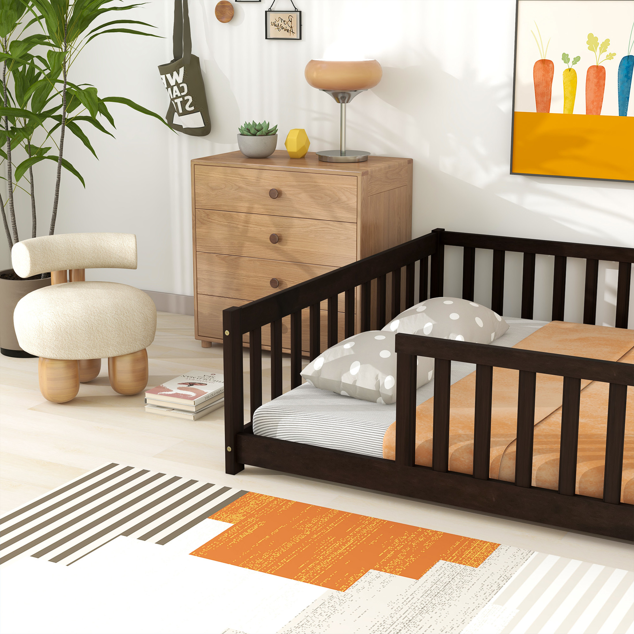 Noble House Lucas Full Size Floor Bed with Safety Guardrails & Open Access, Rubber Wooden Bed Frame, Espresso