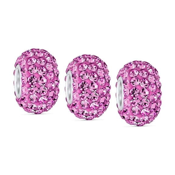 Bling Jewelry Womens Set of 3 Solid Fuchsia Hot Pink Pave Crystal Bead Charm Sterling Silver Core