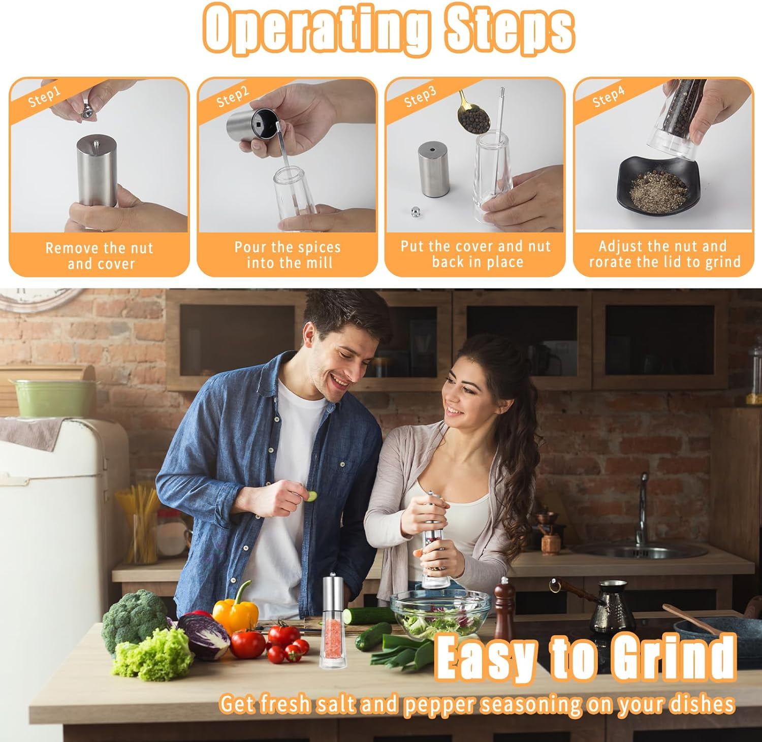 Acrylic Salt and Pepper Grinder Set, Haomacro Refillable Sea Salt Pepper Mill Grinder, 2-Piece Manual Pepper Mills Stainless Steel Spice & Salt Shakers with Adjustable Coarseness