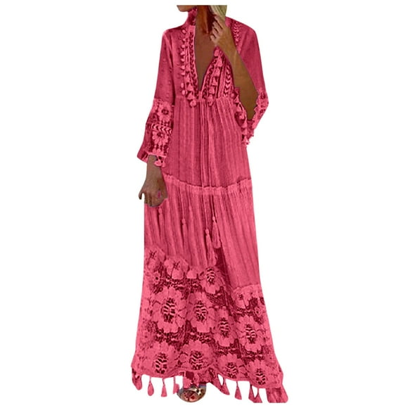 HNMKIU Elegant Women's Long Sleeve Beach Dress with Lace Patchwork and Bohemian Fringe Detail for Resort Holiday Pink,S