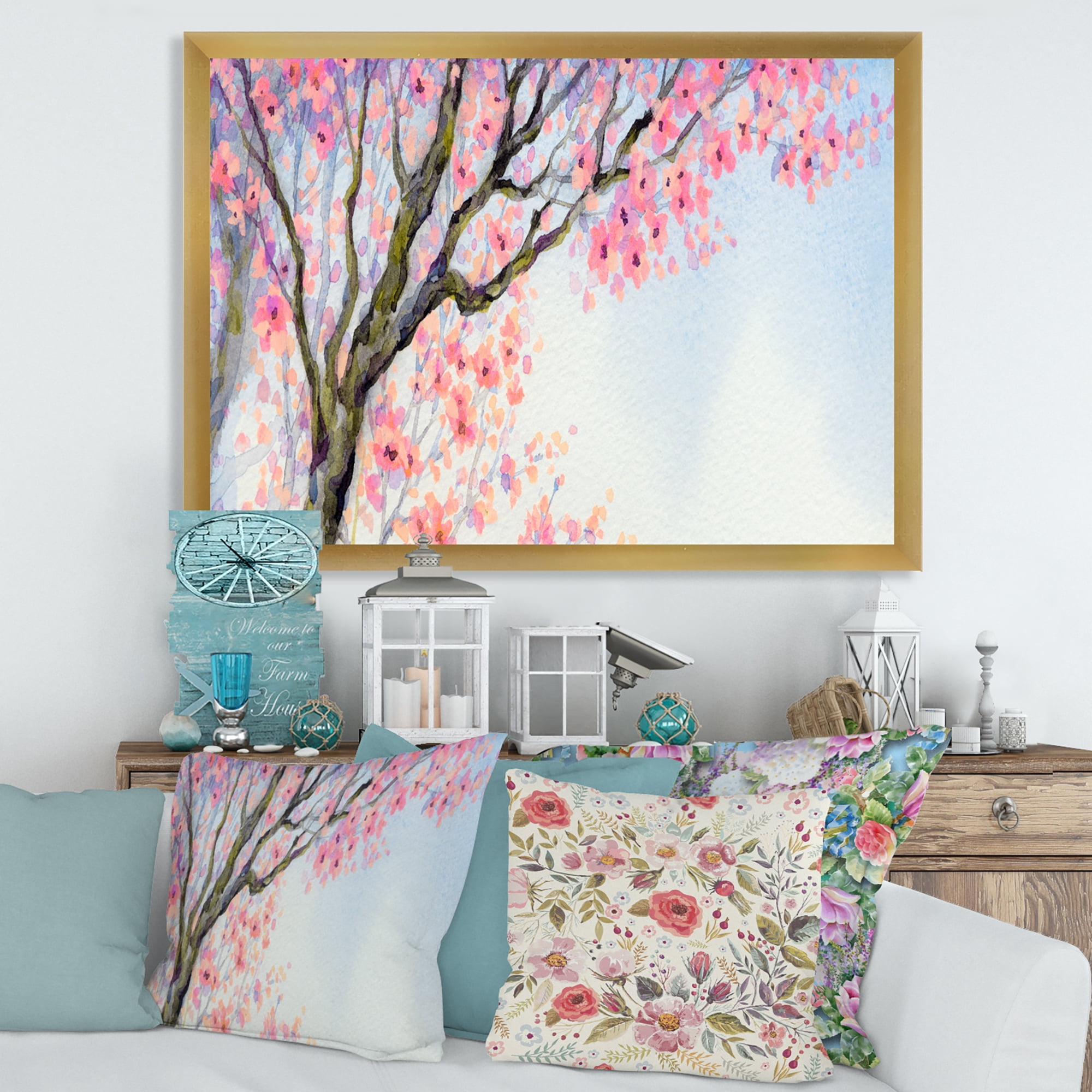Beautiful Pink Bird Sitting On Flowering Branch 32 in x 24 in Framed Painting Canvas Art Print, by Designart