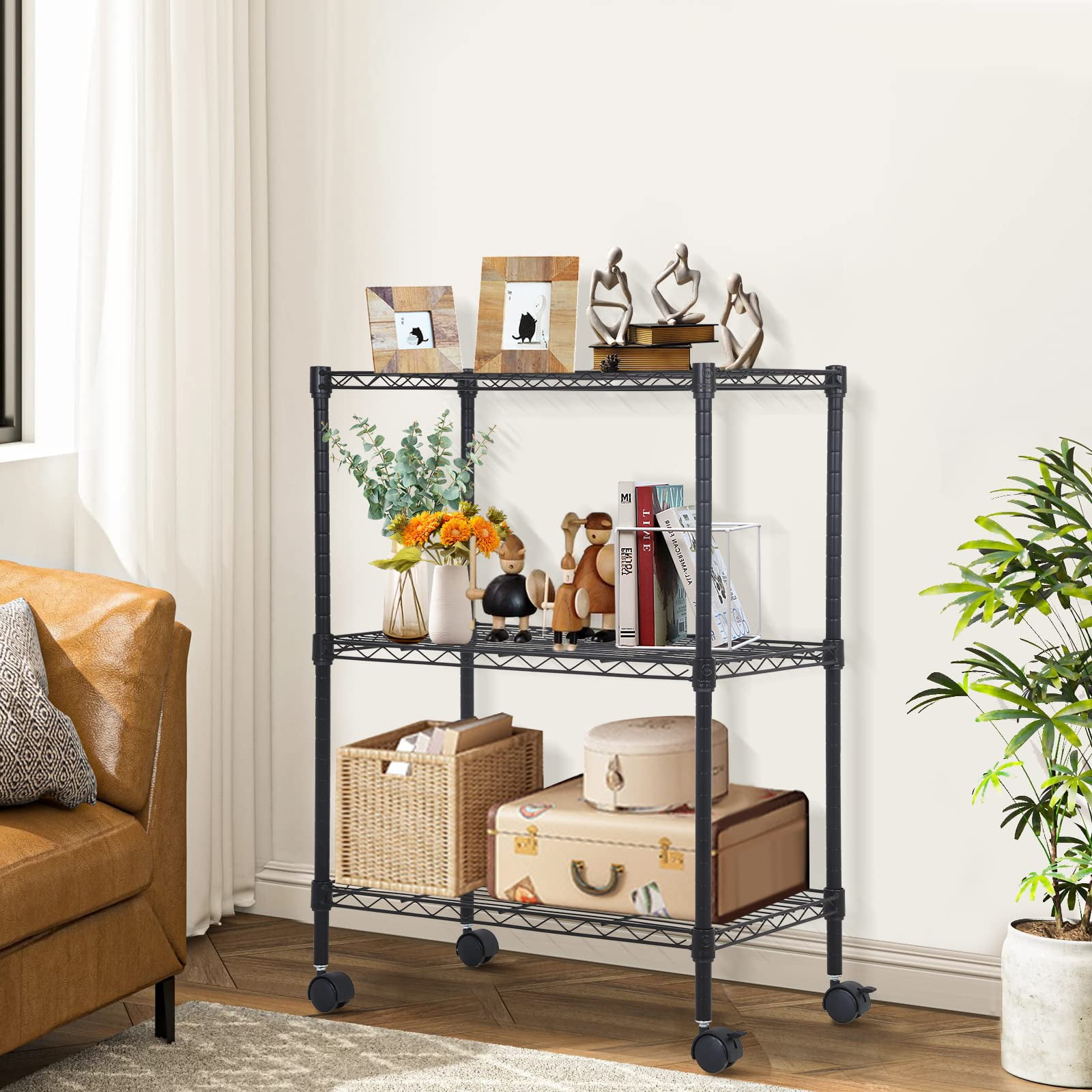 NiamVelo 3-Tier Wire Shelving Unit, NSF Metal Storage Shelves Adjustable Wire Shelf with Wheels for Kitchen Office Pantry Bathroom Garage, Black