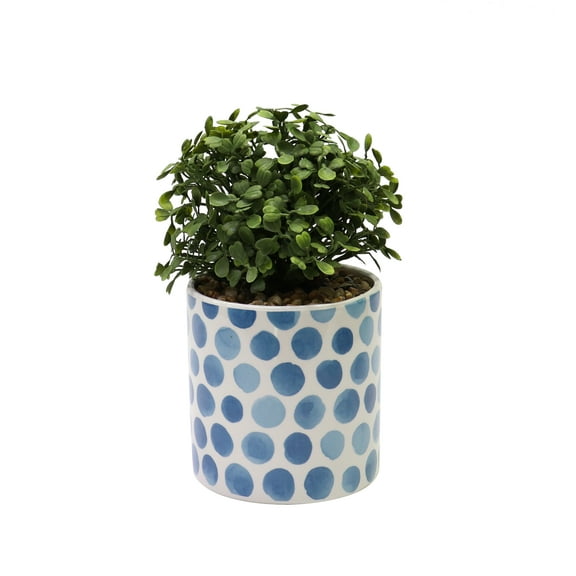 Nature's Mark 8.3’’H Artificial Boxwood Plant in Blue Polka Dot Ceramic Pot