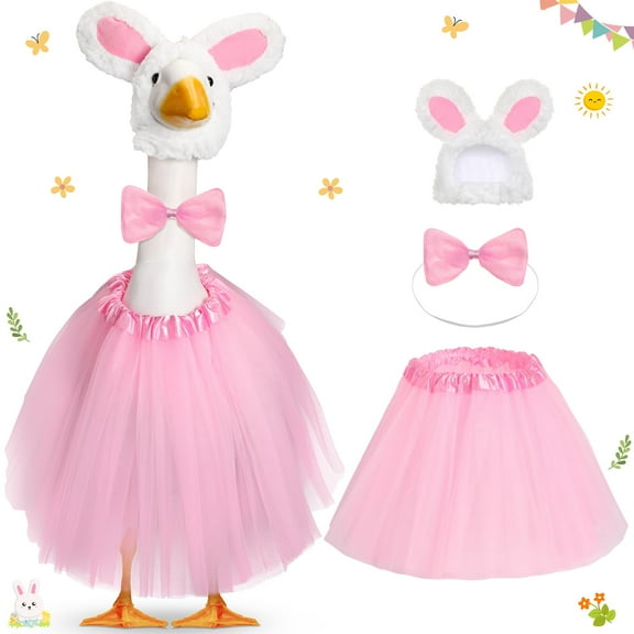 Meottam 3 Sets Easter Bunny Porch Goose Outfits for Goose 23"/ 17'' Lawn Goose Statue Clothes Bunny Ear Hat and Bow Tie Lace Tutu Skirt for Easter Party Yard Outdoor