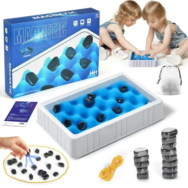 Juego de ajedrez magnético, juego de ajedrez con piedras magnéticas con tablero de ajedrez de cuerda y esponja, juego de rompecabezas de estrategia con rocas, juego familiar para niños y adultos