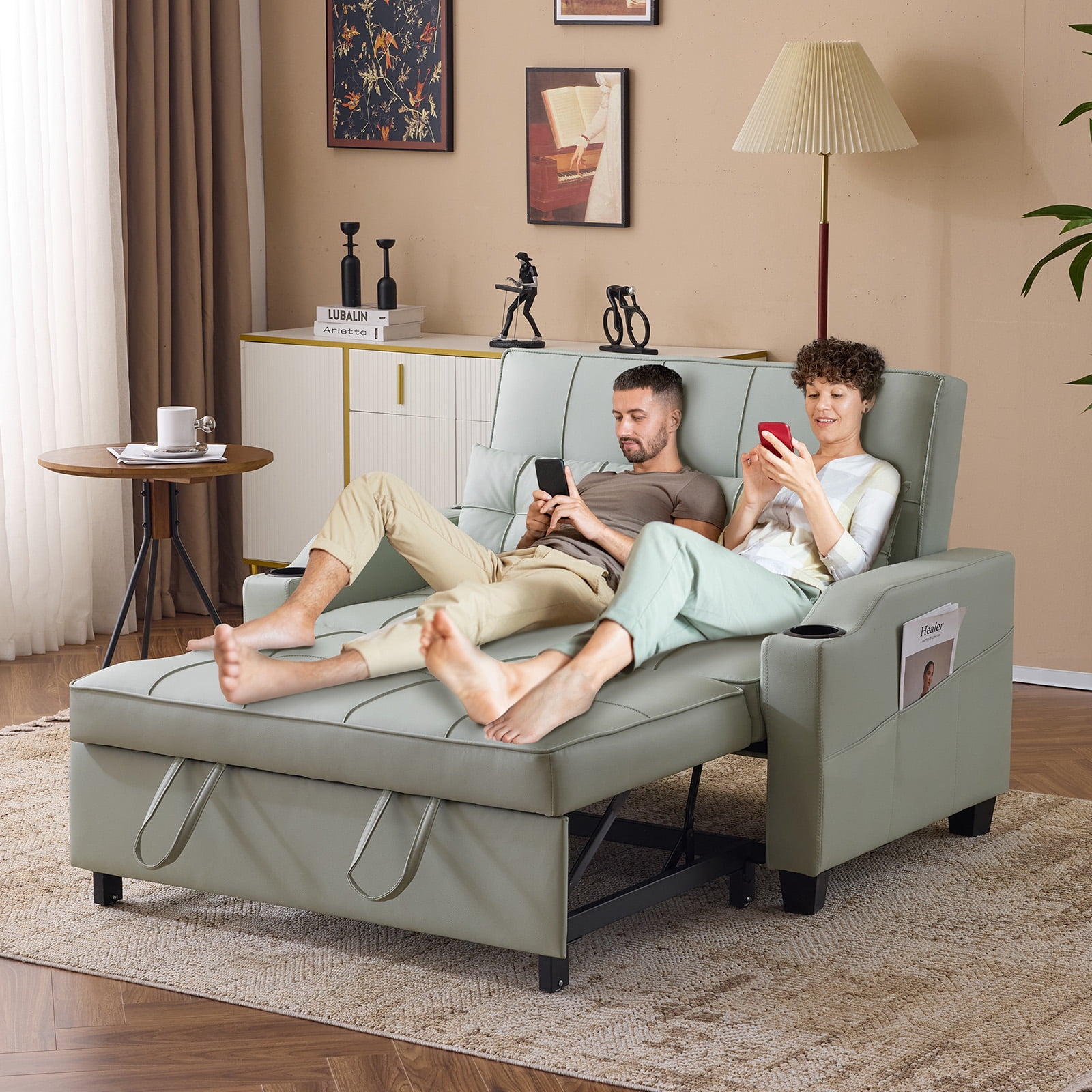 Ktaxon Faux Leather Loveseat Sofa Bed with Side Pockets, Adjustable Backrest Lounge for Living Room, Game Room Green