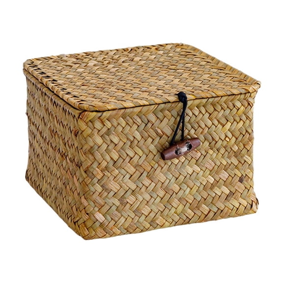 OIUR Handwoven Seagrass Storage Box with Flip Cover, Rustic Dustproof Storage Bin, Space Saving Containers for Shelves Closets And Living Room