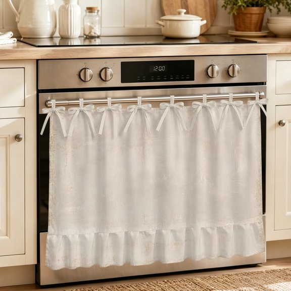 Light Beige Oven Skirt Curtain 30"x21.5", Waterproof Ruffled Stove Cover Skirt with 8 Ribbon Ties, Modern Minimalist Pattern Boho Decorative Oven Door Curtains for Kitchen Dishwasher Cabinet