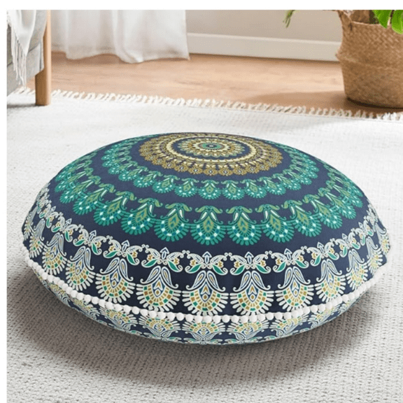 Meditation Floor Pillow, Round Large Pillows Seating for Adults, Bohemian Mandala Circle Cushion for Outdoor Fireplace Yoga Living Room, 32 Inch, Memory Foam Added, Green