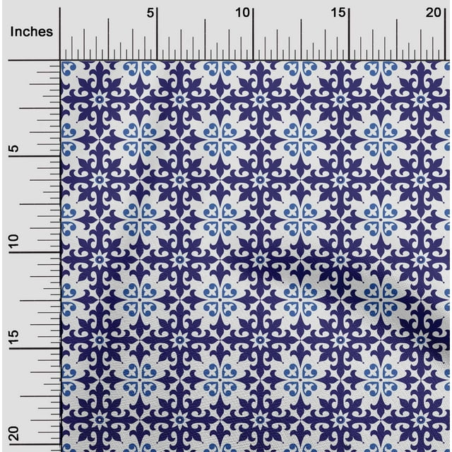 oneOone Polyester Lycra Medium Blue Fabric Floral & Tiles Moroccan Sewing Craft Projects Fabric Prints By Meter 56 Inch Wide
